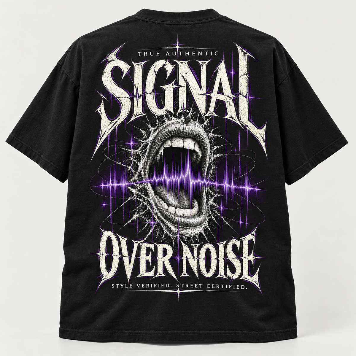 TRUE AUTHENTIC signal over noise black 7 oz cotton graphic T-shirt — back view
