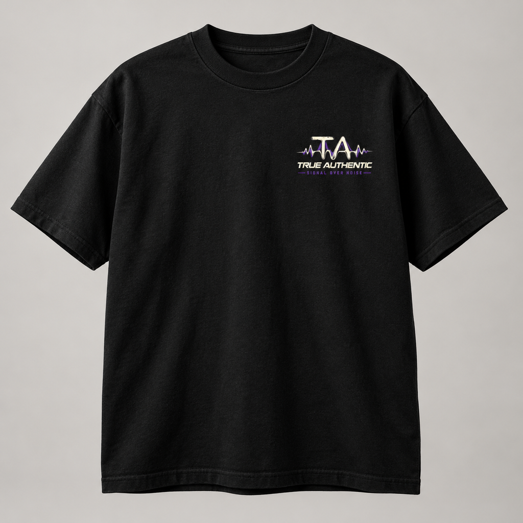 TRUE AUTHENTIC signal over noise black cotton graphic tee — small left chest logo, full view