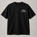 TRUE AUTHENTIC signal over noise black cotton graphic tee — small left chest logo, full view