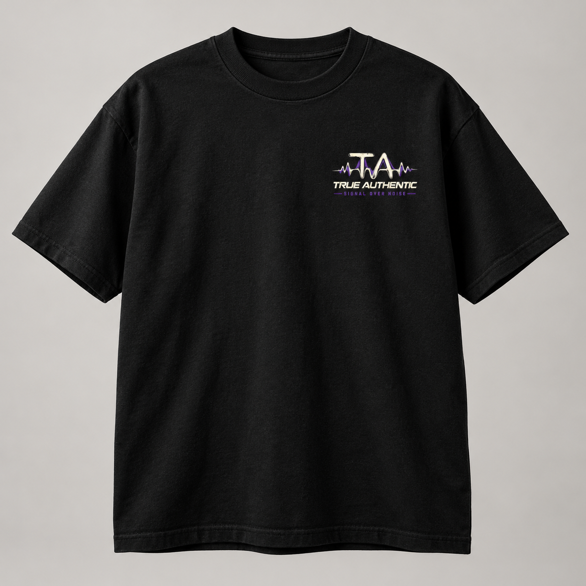 TRUE AUTHENTIC signal over noise black cotton graphic tee — small left chest logo, full view