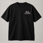 TRUE AUTHENTIC signal over noise black cotton graphic tee — small left chest logo, full view