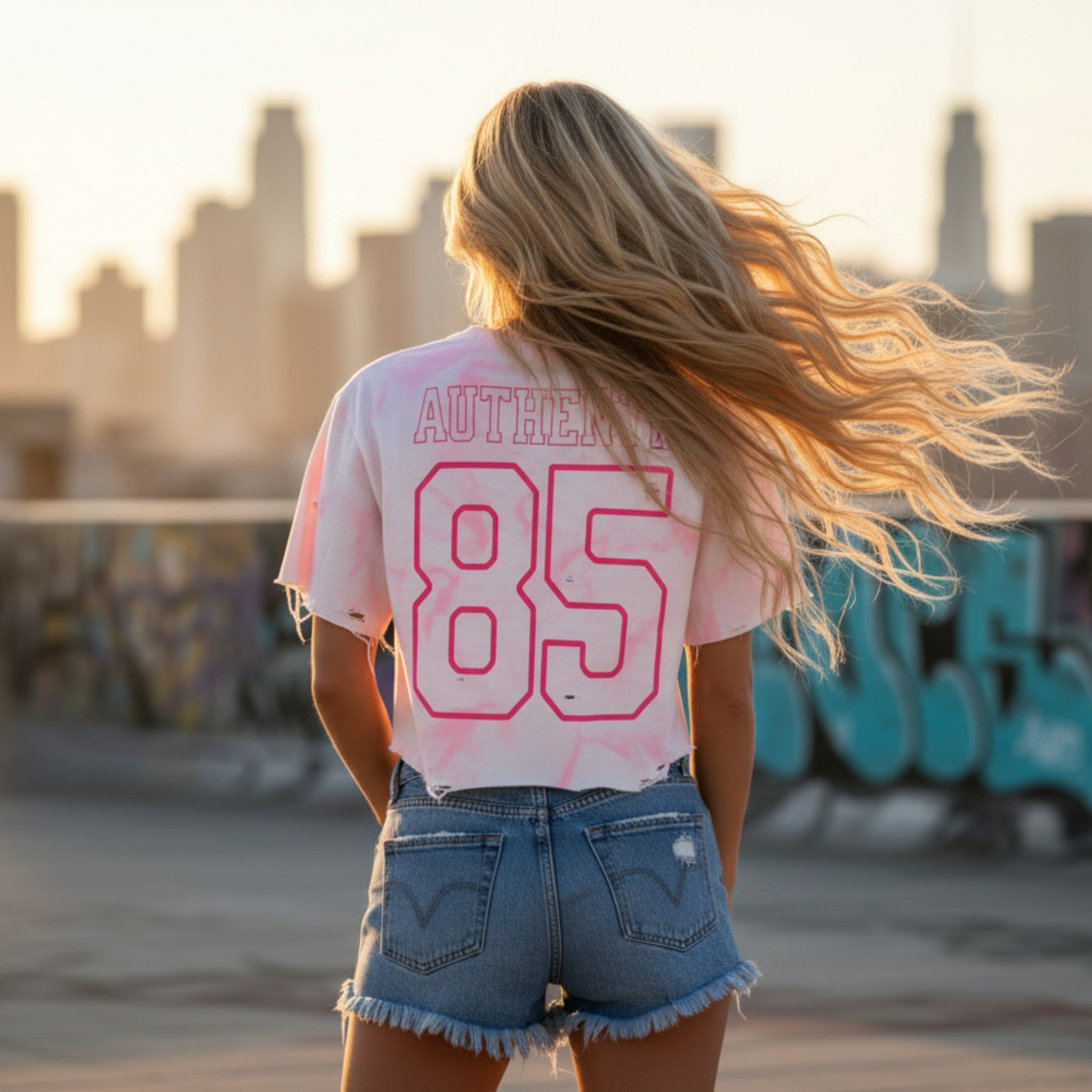 Person wearing a white t-shirt with pink text and denim shorts, standing in front of a city skyline.