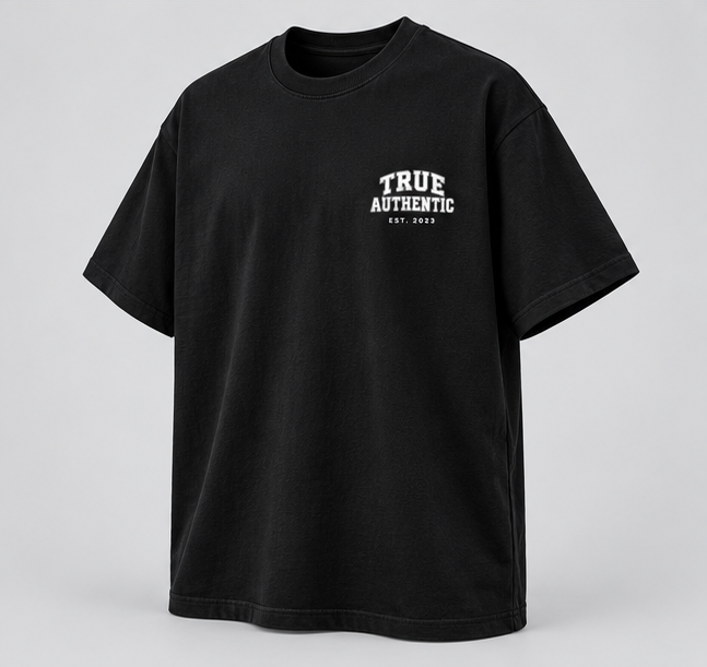 True Authentic Varsity T-Shirt — Black — angle view